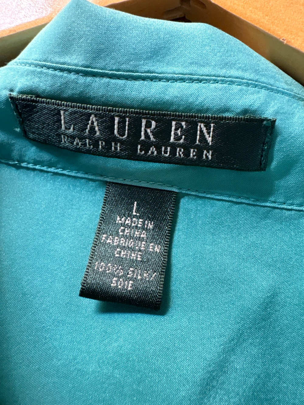 Lauren Ralph Lauren 100% Silk Button Up Shirt Large Turquoise Utility Blouse - Picture 3 of 11